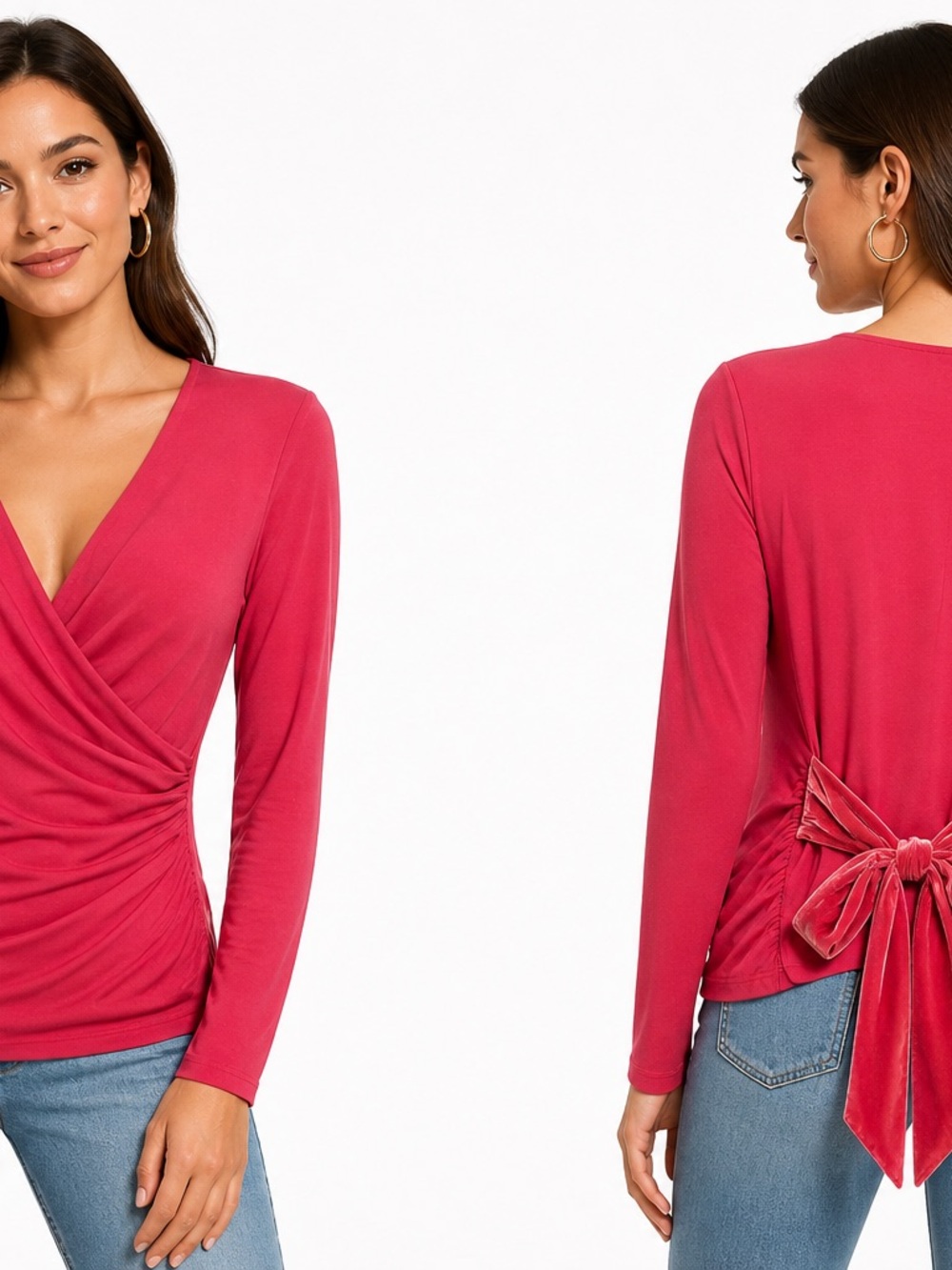 J. Crew Rosy Pink Wrap-Back Long Sleeve Top With Velvet Bow - 0488